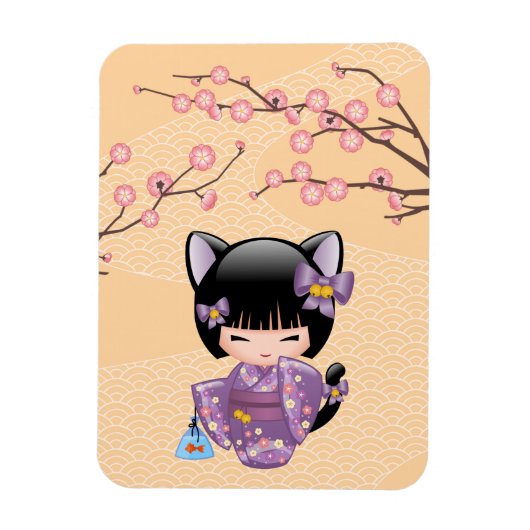Neko Kokeshi Doll - Kat Ears Geisha Girl Magneet (Verticaal)
