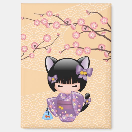 Neko Kokeshi Doll - Kat Ears Geisha Girl Magneet (Voorkant)