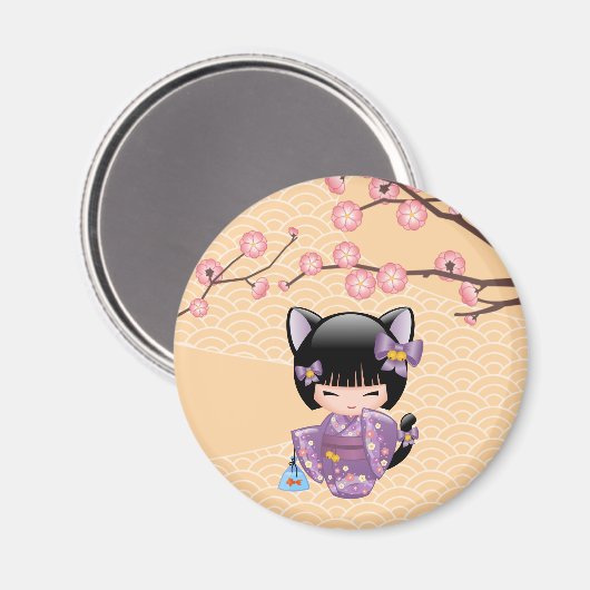 Neko Kokeshi Doll - Kat Ears Geisha Girl Magneet (Voorkant / Achterkant)