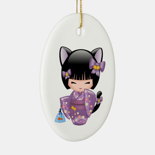 Neko Kokeshi Doll - Kat Ears Geisha Girl on White Keramisch Ornament (Rechts)