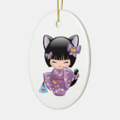 Neko Kokeshi Doll - Kat Ears Geisha Girl on White Keramisch Ornament (Links)