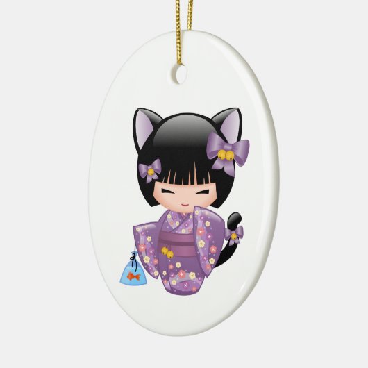 Neko Kokeshi Doll - Kat Ears Geisha Girl on White Keramisch Ornament (Links)