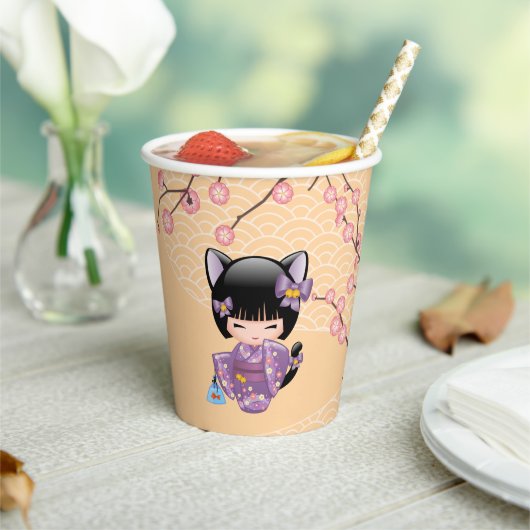Neko Kokeshi Doll - Kat Ears Geisha Girl Papieren Bekers (Insitu)