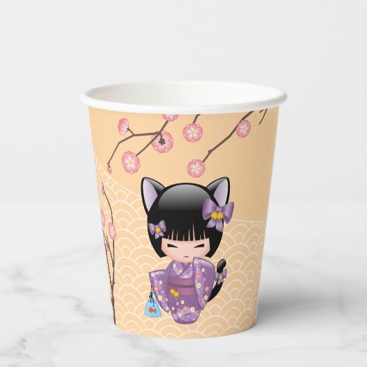 Neko Kokeshi Doll - Kat Ears Geisha Girl Papieren Bekers (Achterkant)