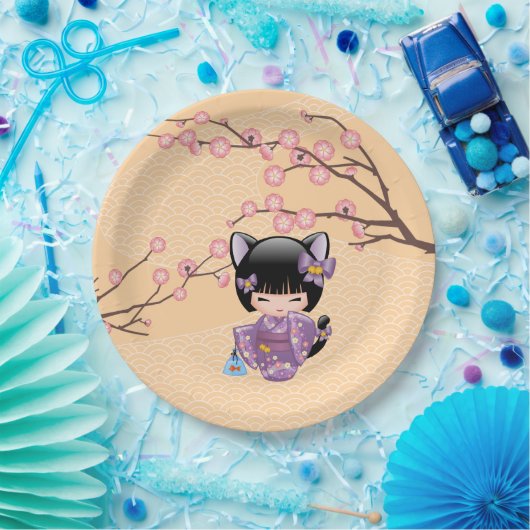 Neko Kokeshi Doll - Kat Ears Geisha Girl Papieren Bordje (Feest)
