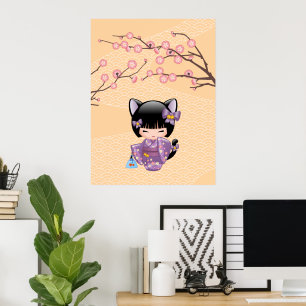 Neko Kokeshi Doll - Kat Ears Geisha Girl Poster