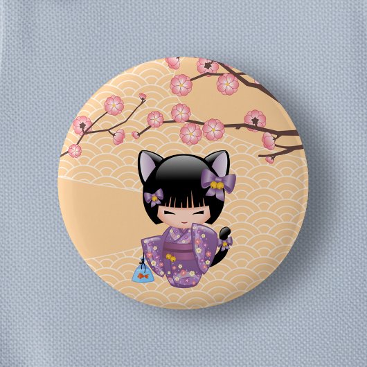 Neko Kokeshi Doll - Kat Ears Geisha Girl Ronde Button 5,7 Cm