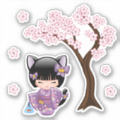 Neko Kokeshi Doll - Kat Ears Geisha Girl Sticker (Voorkant)