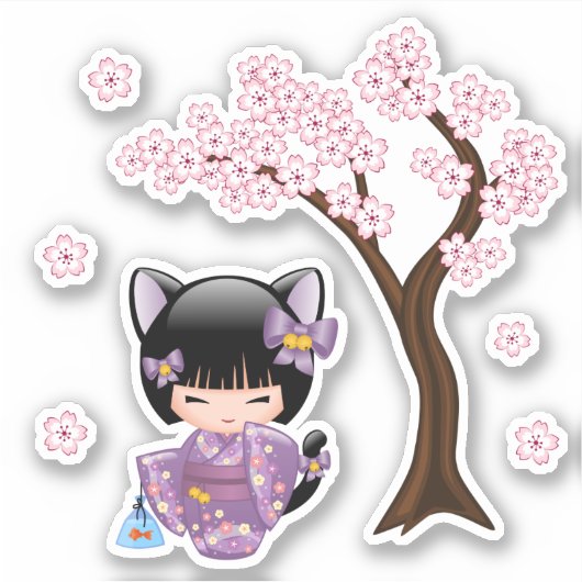 Neko Kokeshi Doll - Kat Ears Geisha Girl Sticker (Voorkant)