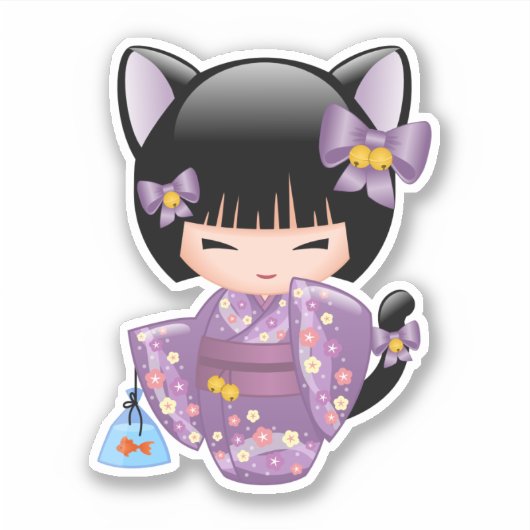 Neko Kokeshi Doll - Kat Ears Geisha Girl Sticker (Voorkant)