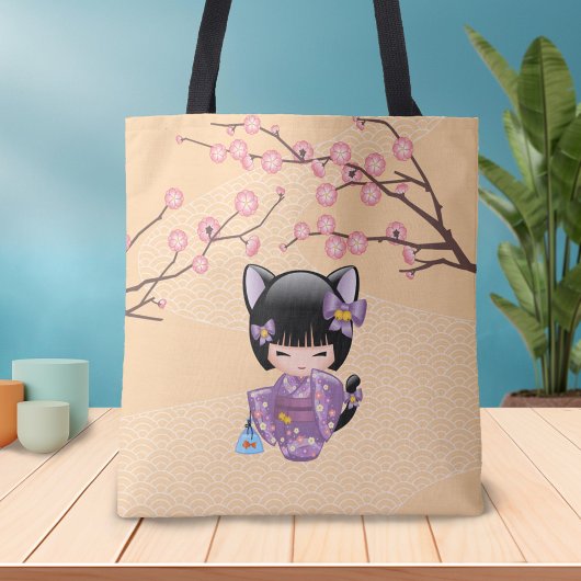 Neko Kokeshi Doll - Kat Ears Geisha Girl Tote Bag