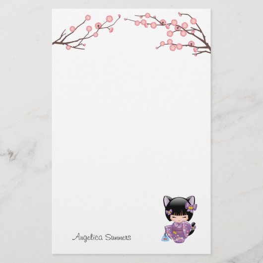 Neko Kokeshi pop kat oren geisha meisje Briefpapier (Voorkant)