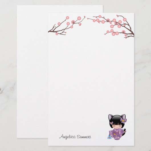 Neko Kokeshi pop kat oren geisha meisje Briefpapier (Voorkant / Achterkant)
