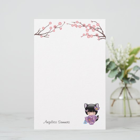 Neko Kokeshi pop kat oren geisha meisje Briefpapier (Staand voorkant)