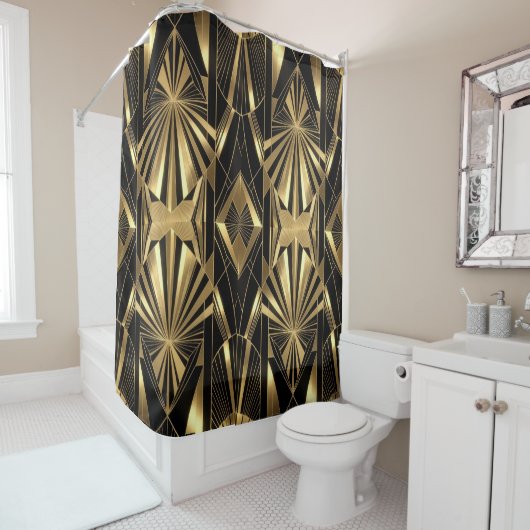 Neo Art Deco Black Gold Geometric Gatsby Bathroom Douchegordijn (In situ)