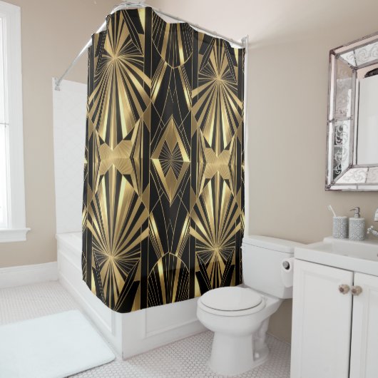 Neo Art Deco Black Gold Geometric Gatsby Douchegordijn (In situ)