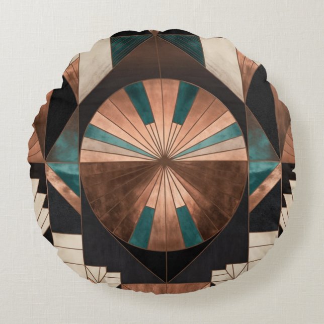 Neo Art Deco Geometric Teal Copper Gold Sunburst Rond Kussen (Voorkant)