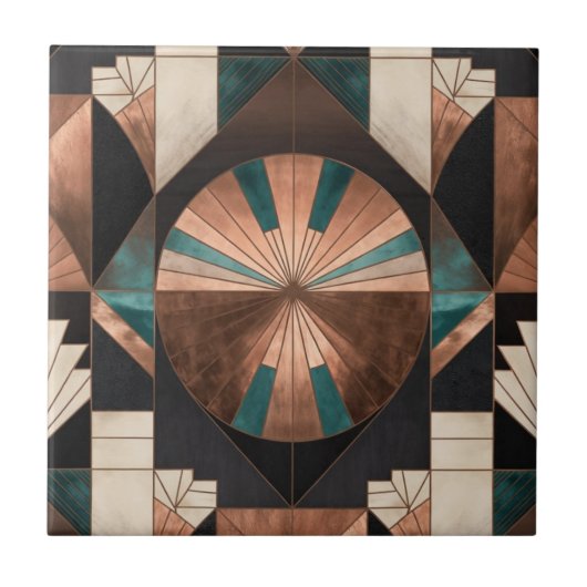 Neo Art Deco Geometric Teal Copper Gold Sunburst Tegeltje (Voorkant)
