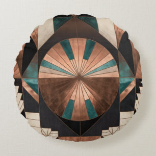 Neo Art Deco Geometrische Teal Koper Gouden Zonneb Rond Kussen