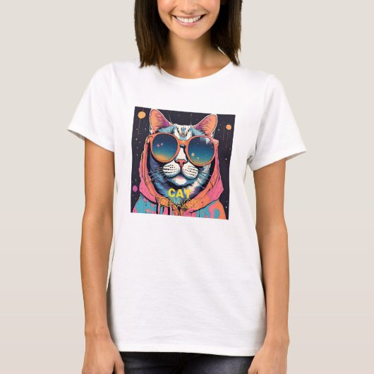 Neo cat.Wearing neon zonnebril in retro-stijl. T-shirt (Voorkant)