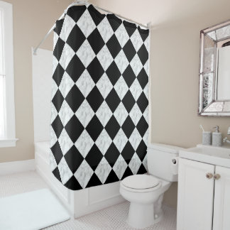 Neo Deco Black and Faux White Marble Checkerboard Douchegordijn