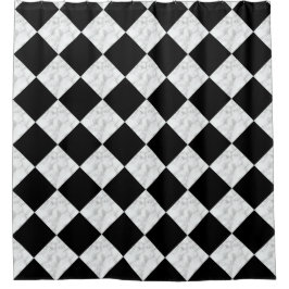 Neo Deco Black and Faux White Marble Checkerboard Douchegordijn
