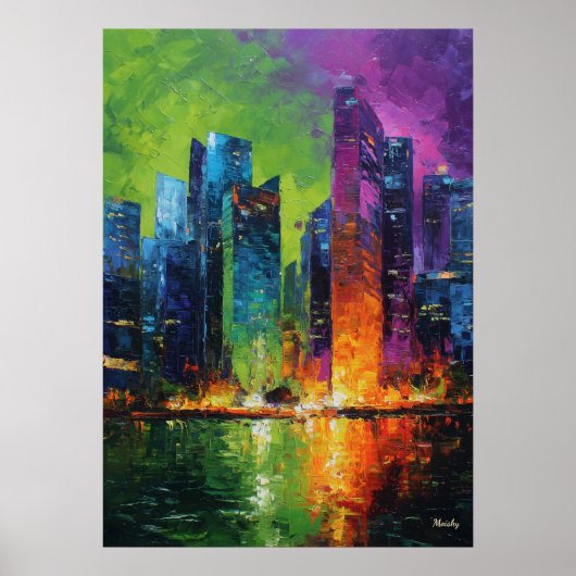Neo-Expressionistische Singapore Skyline Levendige Poster (Voorkant)