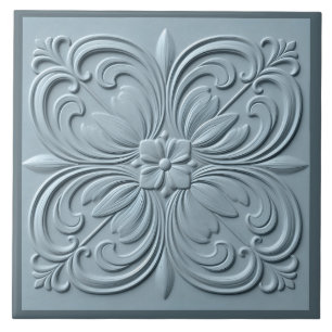 Neo Klassieke Bloemen Blauw Grijs Faux Relief Tegeltje