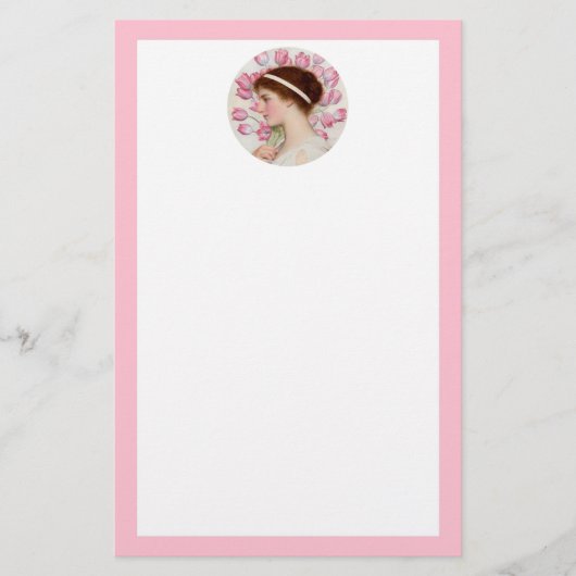 Neo-klassieke dame met roze tulpen briefpapier (Voorkant)
