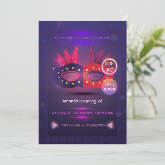 Neo Masquerade Mask Birthday Party Invitation Kaart (Staand voorkant)