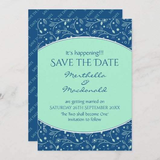 NEO MINT CLASSIC BLUE Het gebeurt Moderne Floral Save The Date (Voorkant / Achterkant)
