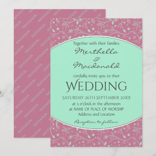 NEO MINT DUSKY PINK Elegant Modern Floral WEDDING Kaart (Voorkant / Achterkant)