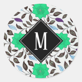 Neo Mint  Floral Poppy Pattern Monogram Ronde Sticker