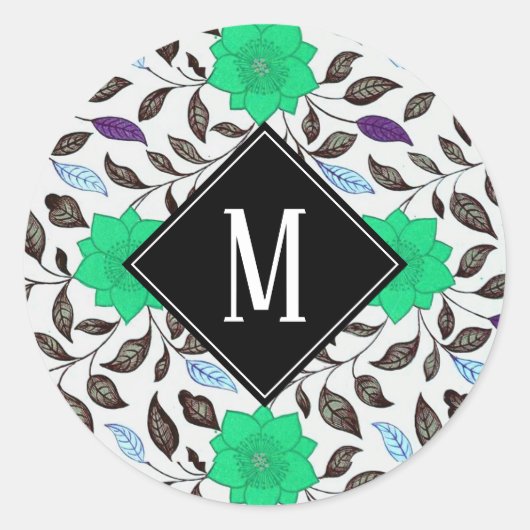 Neo Mint Floral Poppy Pattern Monogram Ronde Sticker (Voorkant)