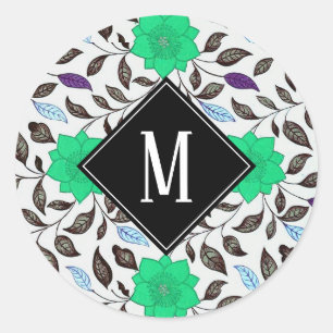 Neo Mint Floral Poppy Pattern Monogram Ronde Sticker