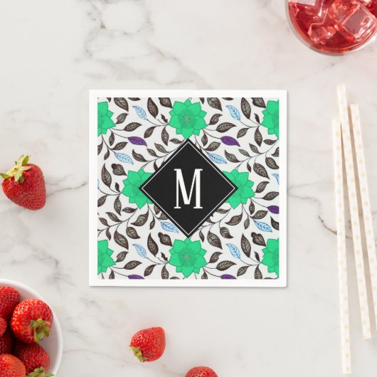 Neo Mint  Floral Poppy Pattern Monogram Servet (Insitu)