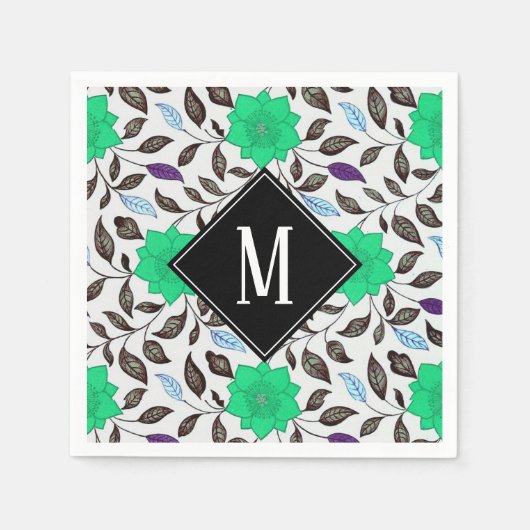 Neo Mint Floral Poppy Pattern Monogram Servet (Voorkant)
