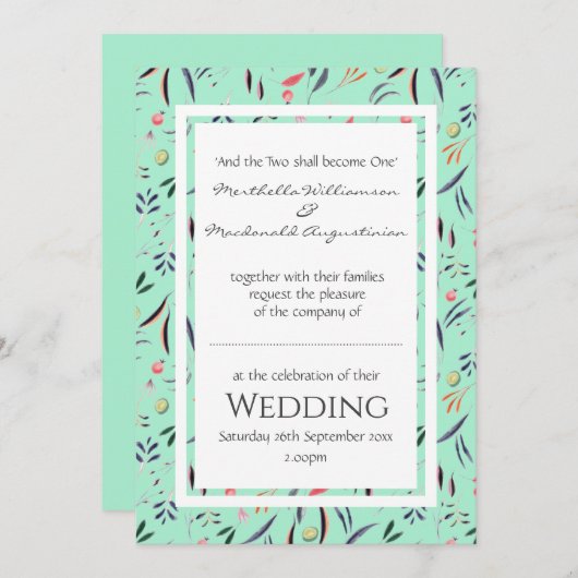 Neo Mint Gepersonaliseerde Bloemenbruiloft Kaart (Voorkant / Achterkant)