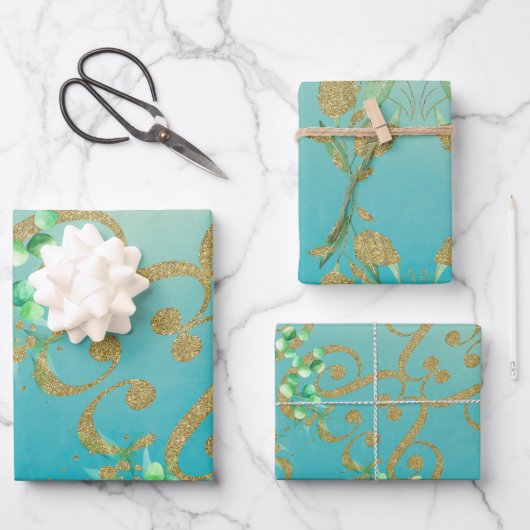 Neo Mint Gold Wrapping Paper flatpanel set met 3 v (Voorkant)
