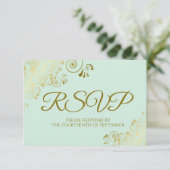 Neo Mint Green & Elegant Gold Lace Frilly Wedding RSVP Kaartje (Staand voorkant)