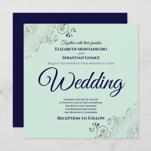 Neo Mint Green & Navy Blue Elegant Square Wedding Kaart (Voorkant / Achterkant)