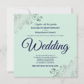 Neo Mint Green & Navy Blue Elegant Square Wedding Kaart (Voorkant)