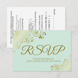 Neo Mint Groen & Elegant Gouden Kant Frillige Trou RSVP Kaartje