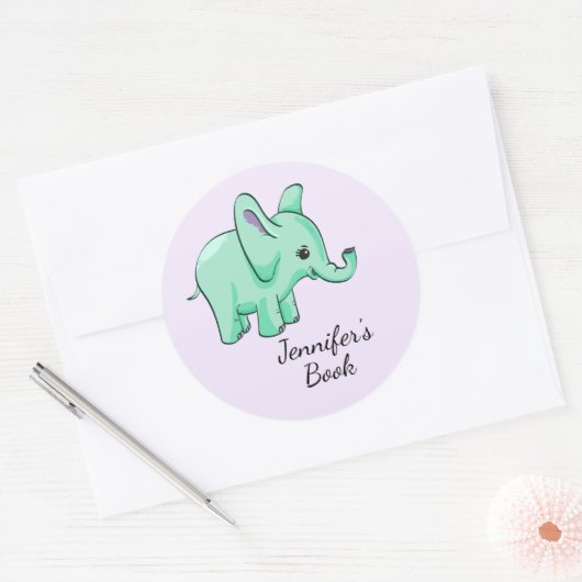 Neo Mint Lavender Elephant Child Name Bookplate Ronde Sticker (Envelop)