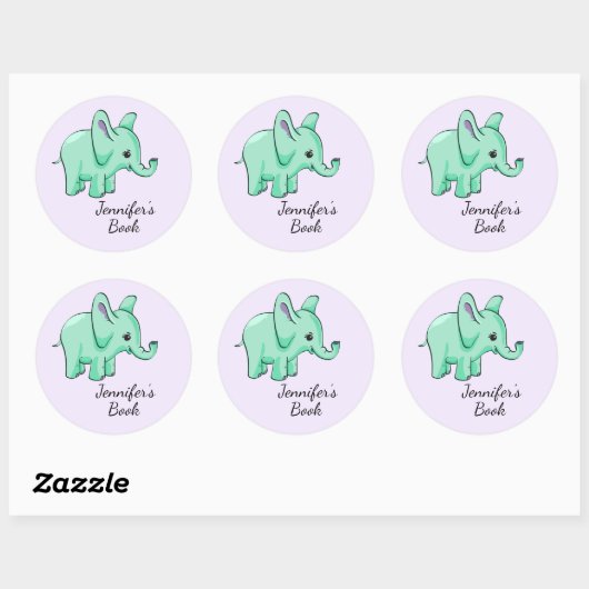 Neo Mint Lavender Elephant Child Name Bookplate Ronde Sticker (Vel)