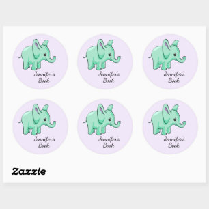 Neo Mint Lavender Elephant Child Name Bookplate Ronde Sticker