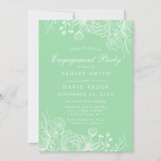 Neo Mint Modern White Floral Engagement Party Kaart (Voorkant)
