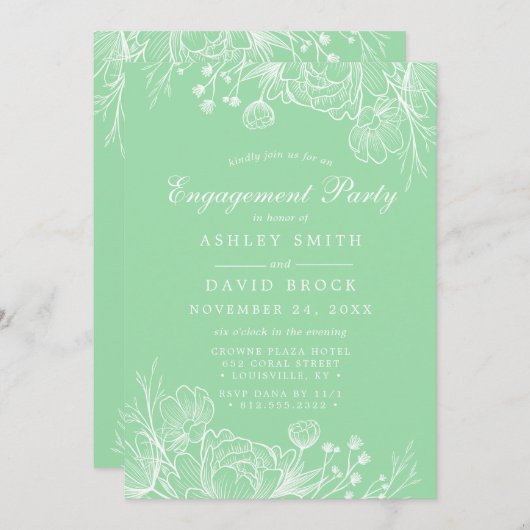 Neo Mint Modern White Floral Engagement Party Kaart (Voorkant / Achterkant)