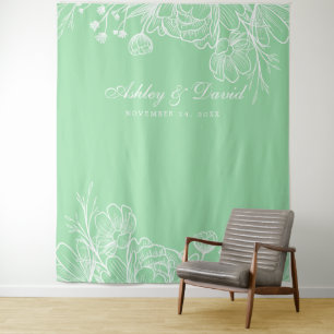 Neo Mint Modern White Floral Foto Booth Backdrop Wandkleed
