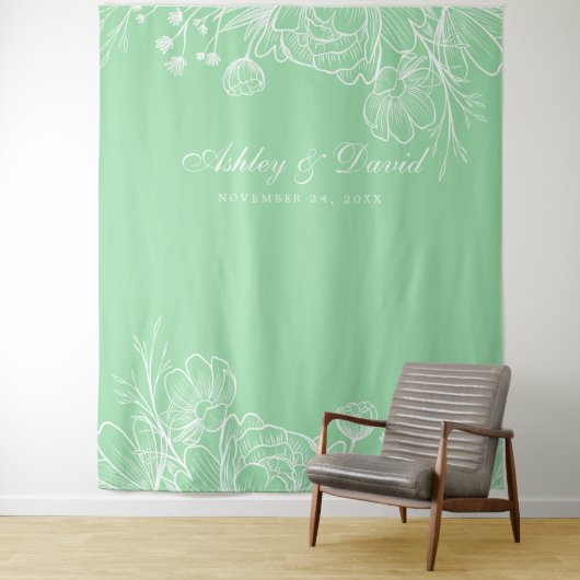 Neo Mint Moderne Witte Bloem Foto Booth Achtergron Wandkleed (In situ)